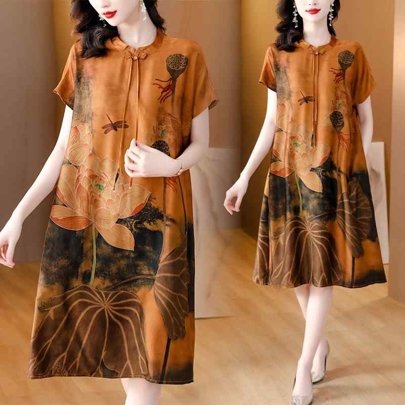 ワンピース レディース 女性用 春夏 切り替え レトロ花柄 チャイナ風 チャイナボタン クラシック エレガント 上品 フレア Aライン ミディ丈 半袖 ラウンドネック ポリエステル 通勤用