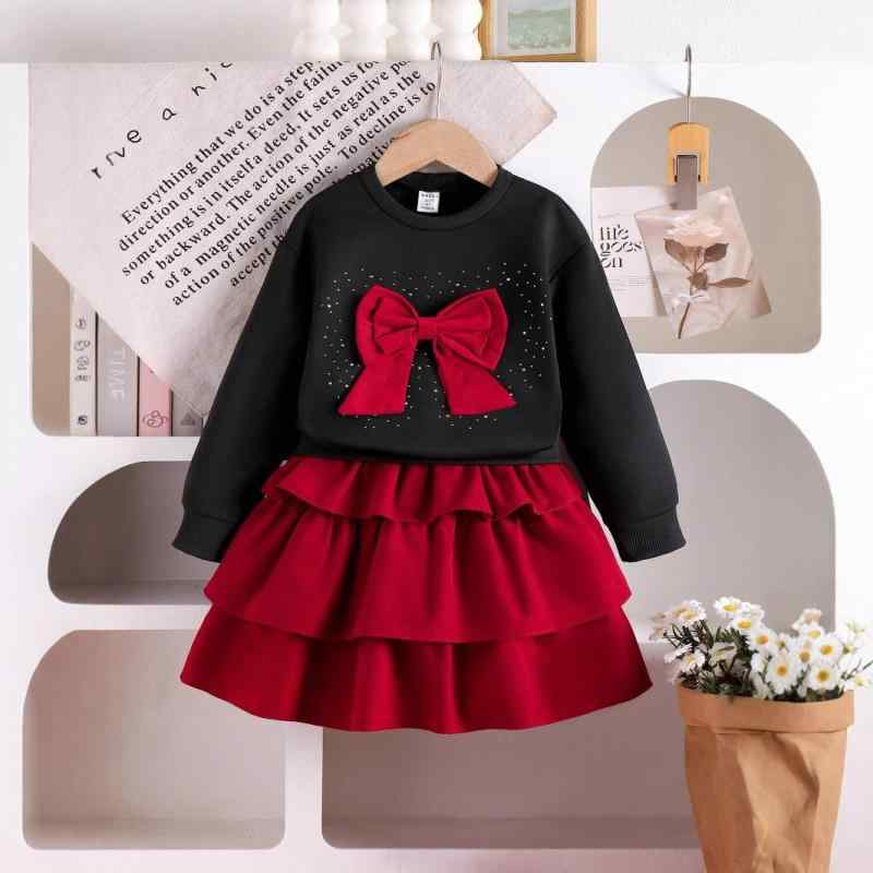 セットアップ 女の子 プリンセス風 お姫様風 欧米風 春夏 リボン付き 長袖ブラウス ティアードスカート 2点セット ツーピース 綿混素材 肌触り柔らか