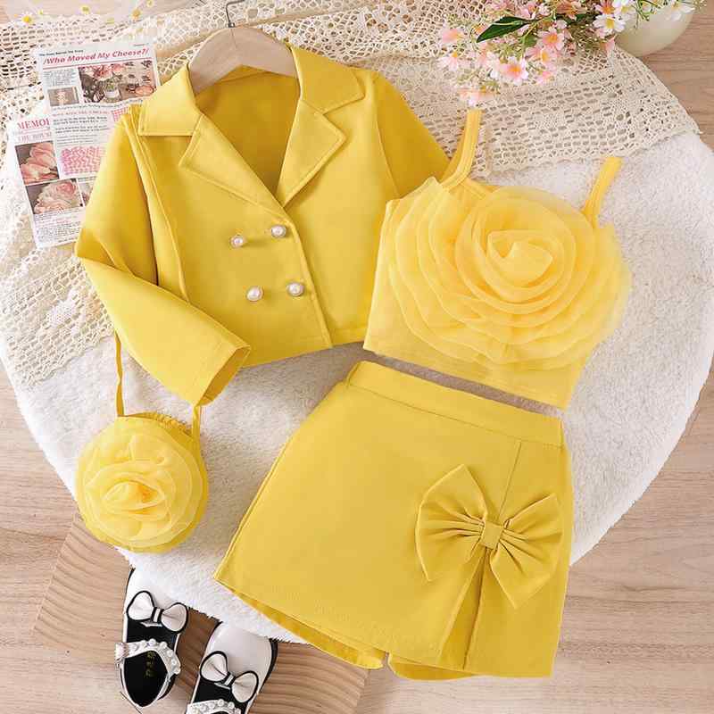 セットアップ キッズ 女の子 欧米風 襟付き 無地 立体花 ジャケット キャミソール アシンメトリー スカートパンツ 3点セット コットン 柔らかい肌触り 秋冬 カジュアル イエロー 通学 普段使い(x120)