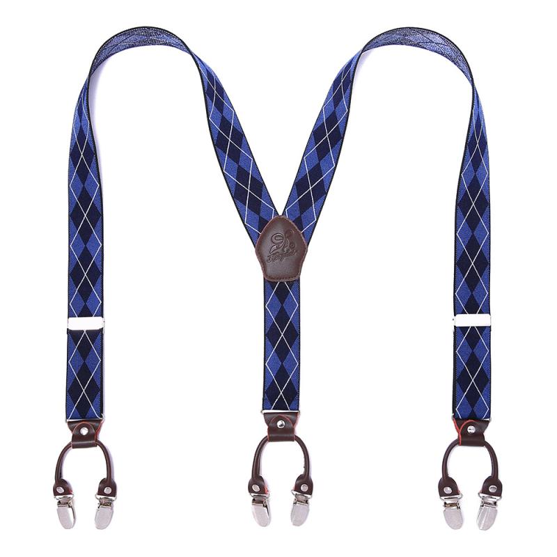 サスペンダー メンズ 強力6点留め Y型 本革 レザー 長さ調節可能 ビジネス スーツ カジュアル スラックス対応 チェック柄 ジャカード織り 強力ゴムバンド