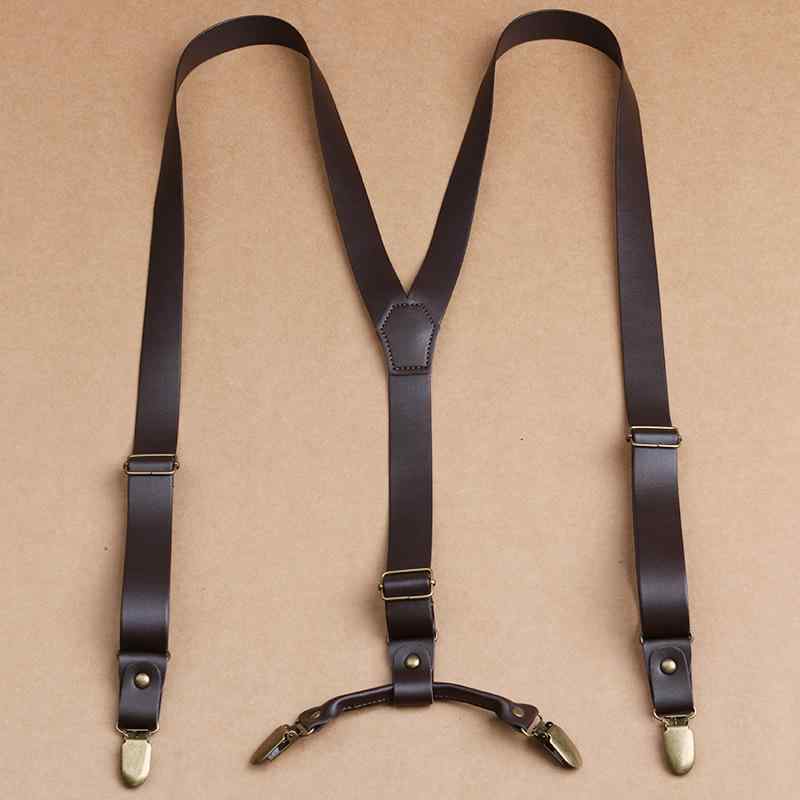 サスペンダー メンズ レディース 兼用 レトロ 英国風 4クリップ 幅2.5cm 取り外し可能 両面フェイクレザー 長さ調節可能 伸縮性なし Y字型 カジュアル ビジネス フォーマル ブラック ブラウン