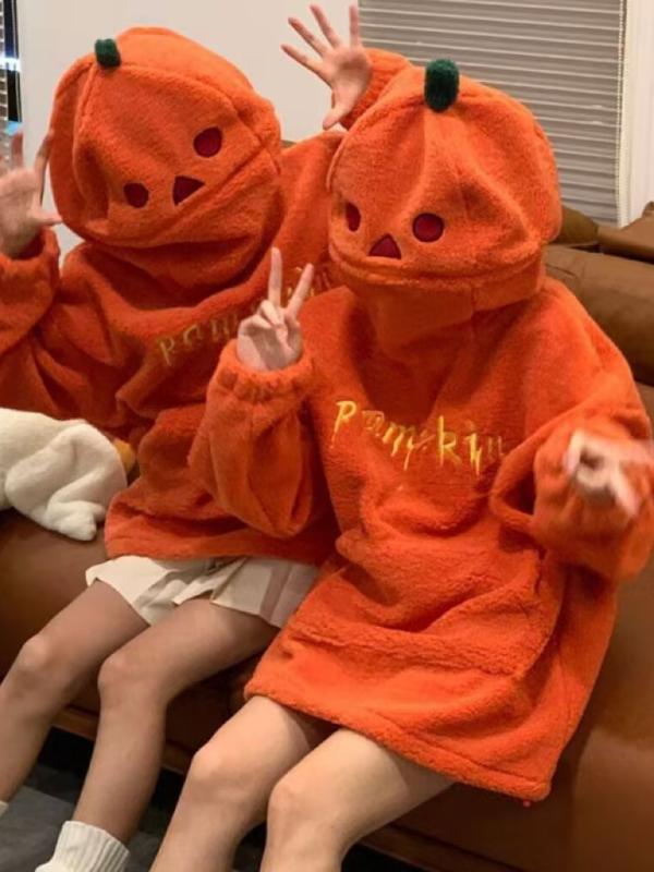 パーカー ユニセックス 秋冬 裏起毛 プルオーバー アメリカンヴィンテージ レトロ パンプキン柄 フード付き ゆったり カジュアル スウェットシャツ