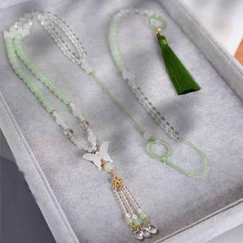 ネックレス レディース 瓔珞 漢服スタイル 古風 タッセル ペンダント 玉蝶飾り 円珠チェーン レトロ ロング 清楚系 フェミニン ハンドメイド風