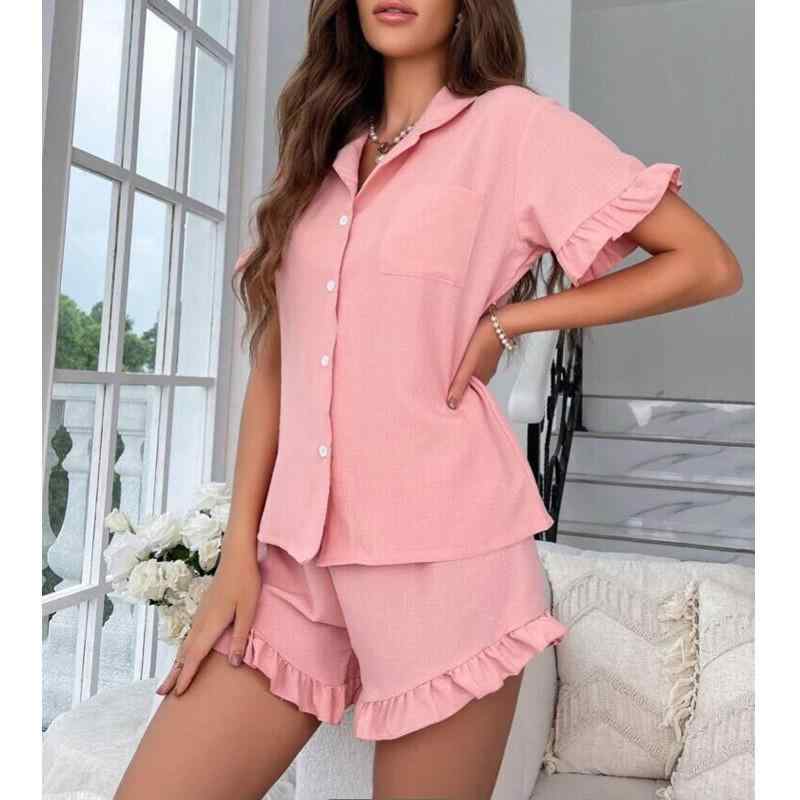 パジャマ レディース 春夏 部屋着 ワンマイルウェア 半袖 ショートパンツ 2点セット アシンメトリー テーラードカラー 前開き 欧米風 快適 通気性 涼感