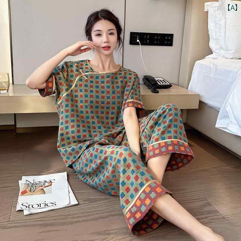 半袖　半ズボン　パジャマ 夏用 大きいサイズ パジャマ 女性 母親 新型 チャイナ風 2024 200 斤 太 mm 綿糸 綿 ホーム 服 春秋