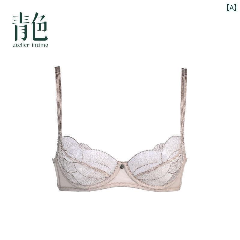女性　下着　薄型 ブルー リップル 3 / 4 カップ フレンチ セクシー 薄型 レース 下着 大きい 胸 小さめ 垂れ 防止 サイドブレ スト ブラ
