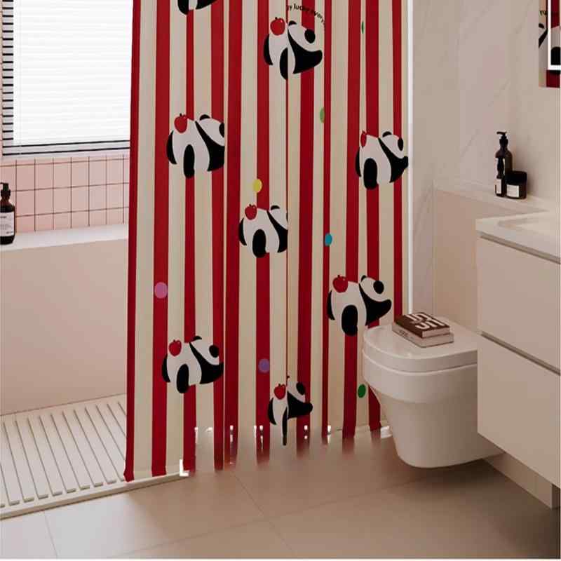 浴室用カーテン 防水 防カビ加工 パンダ柄 ポリエステル製 バスルーム トイレ 間仕切り シャワーカーテン カーテンポール