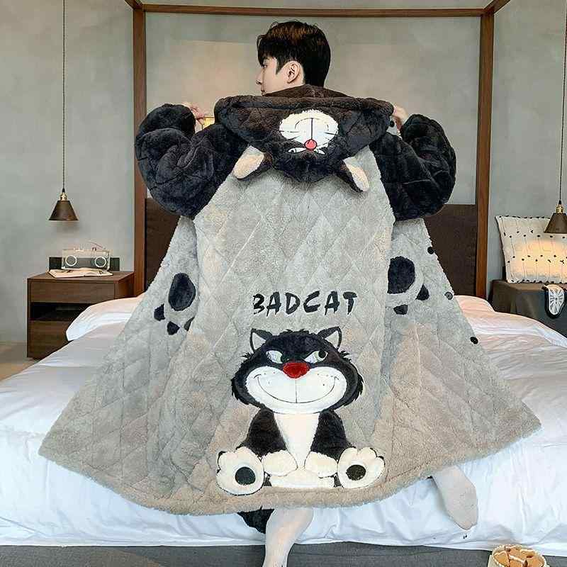 バスローブ メンズ 男性用 サンゴフリース 厚手 3層 暖か ふわふわ ポリエステル繊維 保温 快適 部屋着 寝間着 秋冬