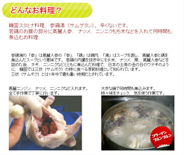【送料無料】健康に参鶏湯 手作り、無添加_韓国宮廷 薬膳料理 【 アメリカ産 鶏肉 ゲームヘン使用 】 ◆北海道、九州、沖縄は別途600円◆【冷凍、冷蔵可】(サムゲタン、サンゲタン)韓国料理 韓国食品 韓国食材 ギフト お取り寄せ グルメ 内祝い お歳暮 プレゼント