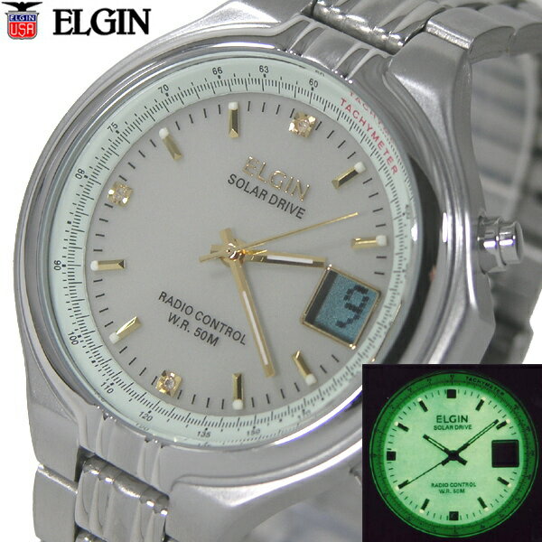 エルジン ELGIN/ソーラー電波腕時計/天然ダイヤ3石配置/50m防水/FK1367S-BRP