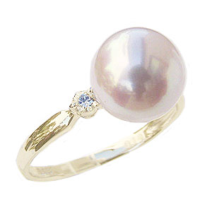 アコヤ本真珠:リング:ダイヤモンド:パール:ピンクホワイト系:9mm:K18YG:イエローゴールド:指輪