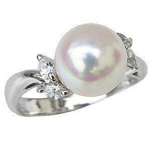 真珠パール リング あこや本真珠 指輪 K18WG ホワイトゴールド 真珠の直径9mm ピンクホワイト系 ダイヤモンド 4石 0.20ct 指輪 6月誕生石