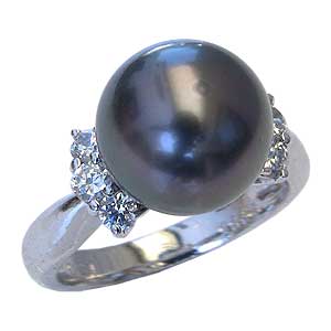 真珠パール リング タヒチ黒蝶真珠 PT900 プラチナ ダイヤモンド 6石 0.33ct 真珠の径 10mm グリーン系 6月誕生石 指輪