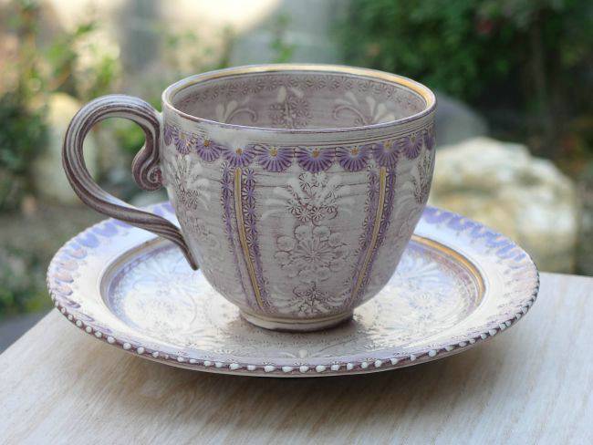 清水焼 紫彩花紋コーヒー茶碗　陶楽