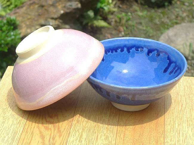 清水焼 青とピンク夫婦茶碗　大の組