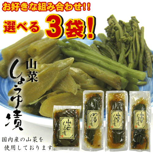 お買い得！「山菜しょうゆ漬セット」【わらびしょうゆ漬、山ふきしょうゆ漬、山うどしょうゆ漬、山みずしょうゆ漬各120g】 の中からお好きな組み合わせで3袋