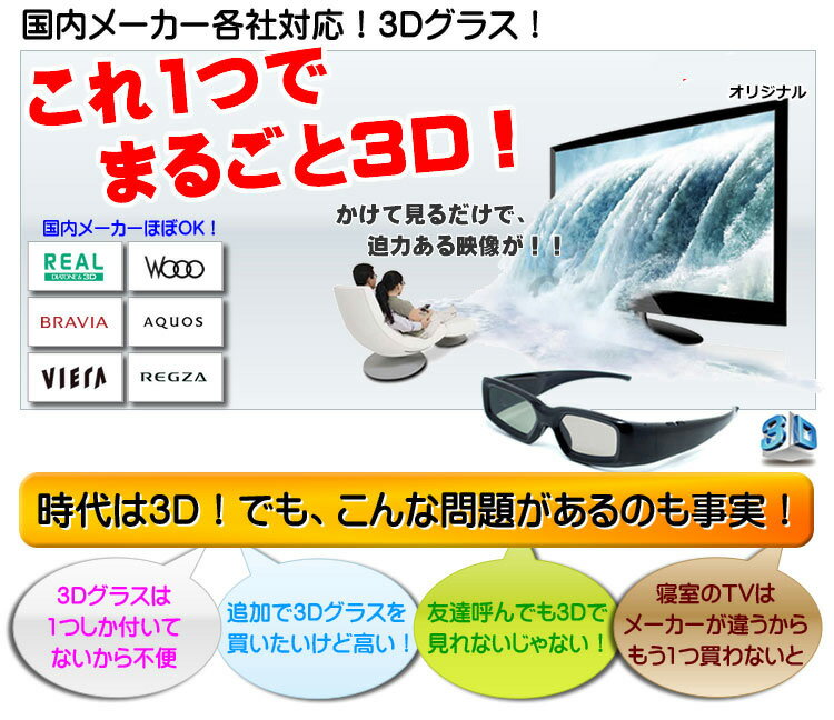 【レビューを書いて送料無料】USB充電式3Dグラス液晶テレビメガネ