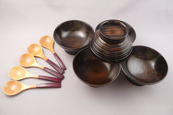 木製漆塗り　ひめ小鉢と竹スープスプーン　5個組ギフトセット（名入れなし）【ポッキリ0721】