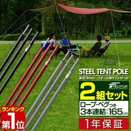 【楽天1位】テントポール スチール製テントポール 2本セット 3本連結 160cm 直径 16mm 分割式 スチール サブポール <strong>タープポール</strong> キャノピー 用 ポール テント ワンタッチテント タープ タープテント ドームテント の 日よけ FIELDOOR 1年保証 ■[送料無料]