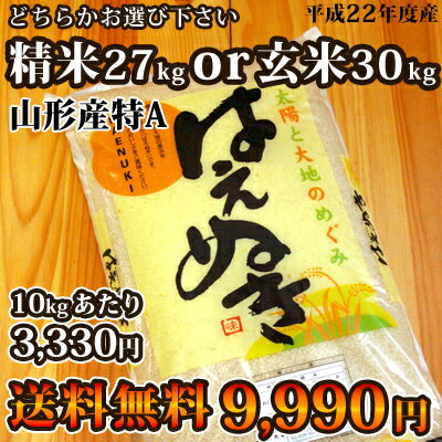 はえぬき！平成22年度産米！　《送料無料》山形県産の「はえぬき」30kg（玄米か精米をお選びいただけます！）※お届け日指定不可米！はえぬき！山形が誇る、ランキング特Aのお米！庄内のサラブレッド！