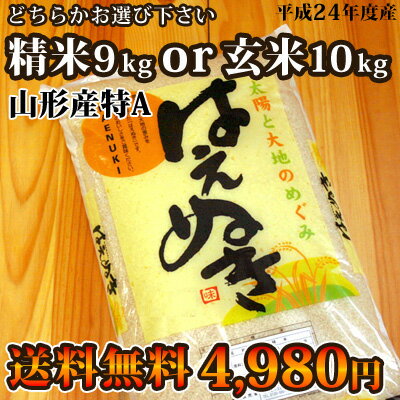 《送料無料》米！はえぬき！平成24年度産　　山形県産の「はえぬき」10kg（玄米か精米をお選びいただけます！）