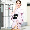 浴衣 3点セット(浴衣/兵児帯/下駄) bonheur saisons ピンク 白 アイボリー 黒 濃紫 朝顔 縞 綿麻 浴衣セット 女性 レディース 【フリーサイズ】【あす楽対応】【送料無料】
