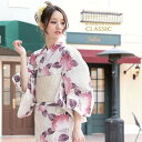 浴衣 3点セット(浴衣/半幅帯/下駄) bonheur saisons 白 オフホワイト 赤紫 紫陽花 あじさい 縞 花 綿麻 浴衣セット 女性 レディース 【送料無料】【あす楽対応】