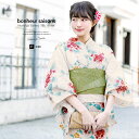 浴衣 3点セット(浴衣/半幅帯/下駄) bonheur saisons 薄茶色 ベージュ 生成色 赤 緑 紫陽花 アジサイ 桔梗 綿麻 浴衣セット 女性 レディース 【フリーサイズ】【あす楽対応】【送料無料】