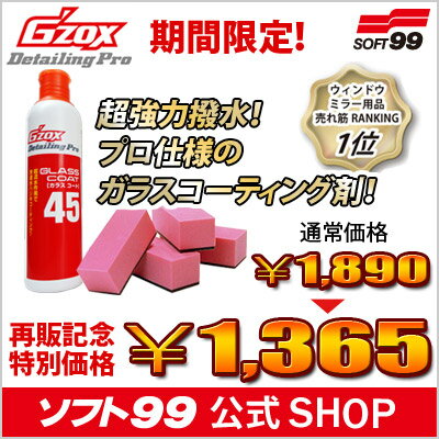 ★期間限定・500円OFF★ G｀ZOXガラスコート45（300ml・塗り具4個付） ソフト99★期間限定・500円OFF★ネット限定☆クチコミ高評価！プロ仕様のガラスコーティング剤でクリアーな視界を確保！