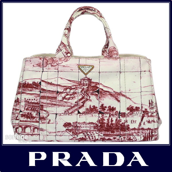 ■PRADA■ プラダ prada トートバック B1872Bキャンバス　ボルドー×オフホワイトPRADA-B1872B-CANAPA STAMPATA-BORDEAUX DIS.PAESA【Luxury Brand Selection】