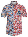 ショッピングツリー Lars Amadeus パッチワークシャツ リーフプリント サマーシャツ レギュラーフィット 半袖トップス 花柄 ハワイアン ポケット付き メンズ ブルーレッド S