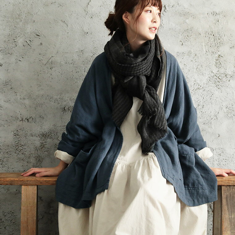 白を熟成させる青の羽織り M/L/LL/3L/4Lサイズ レディース/羽織り/カーディガン/ジャケット/ショートローブ/綿麻/コットンリネン/半端袖/長袖/ミドル丈/ノーカラー