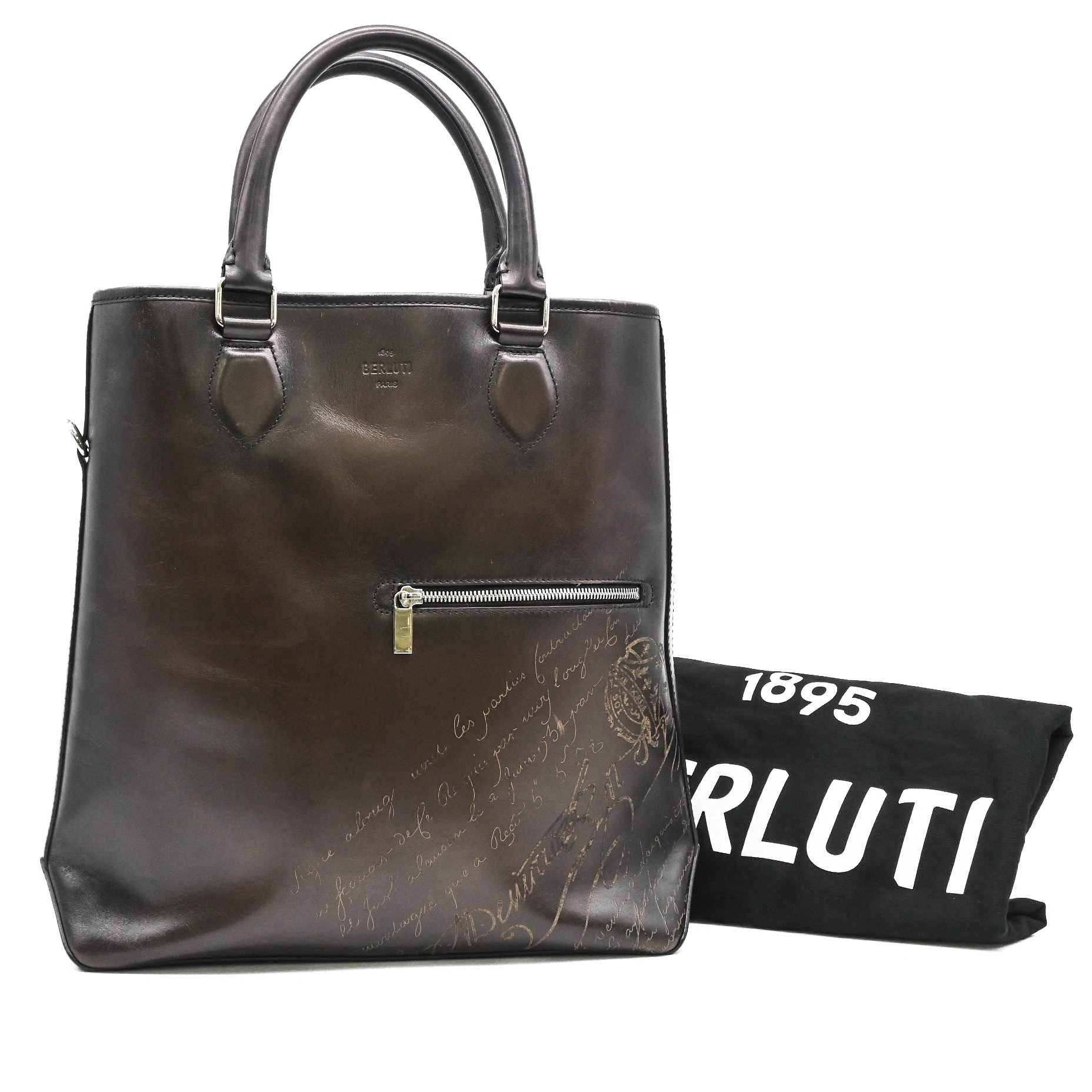 Berluti ベルルッティ トゥジュール バーティカル スクリットレザー カリグラフィ 2way メンズ トートバッグ ハンドバッグ ビジネス ブラウン