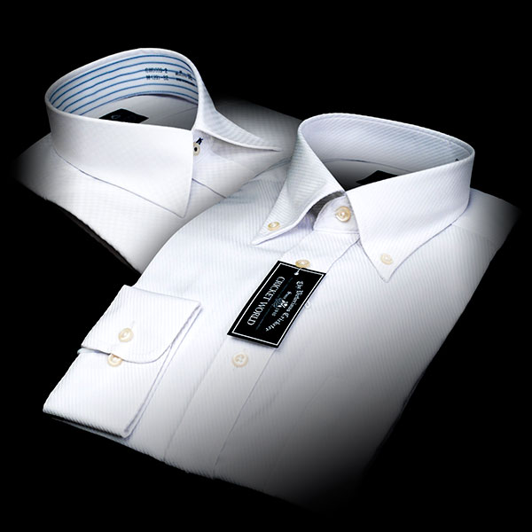 【CRICKET WORLD】 1枚1,995円・形態安定加工白ドビー・ドレスシャツ（ワイドカラー/ボタンダウン/白シャツ/ワイシャツ/Yシャツ/ドレスシャツ）