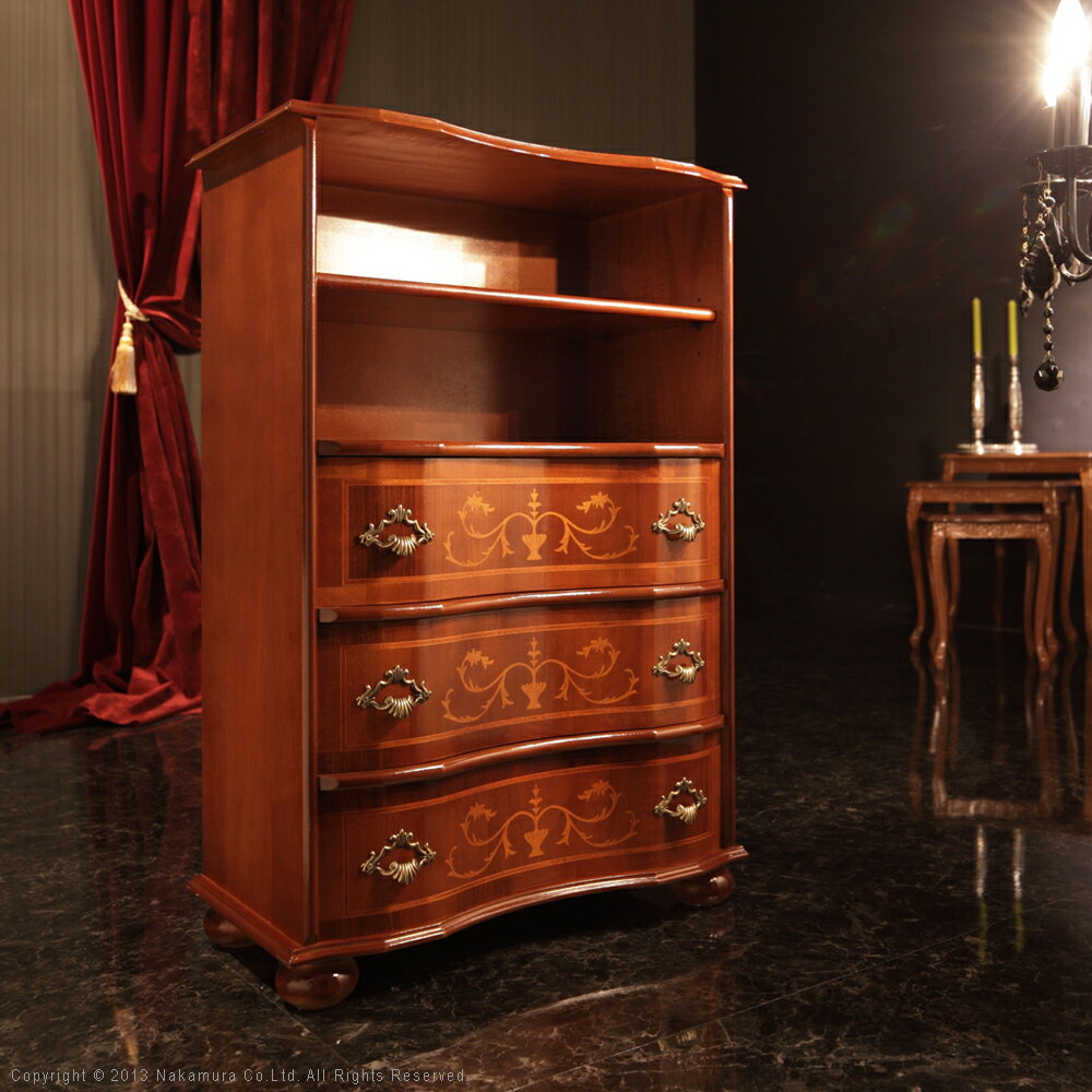 イタリア 家具 ヨーロピアン ヴェローナクラシック 丸脚3段オープンチェスト（棚板あり） W58cm 丸脚 リビング ヨーロッパ家具 クラシック 輸入家具 アンティーク風 イタリア製 ブラウン おしゃれ 高級感 エレガント 木製 天然木 リモート テレワーク 在宅