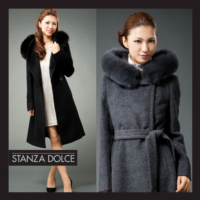 ●送料無料●毛皮付き【繊維の宝石】カシミヤ混ウールフード付きロングコート●フォックスファー付き★FUR・毛皮★★［NO.117201］ダウンジャケット,ダウンレディース