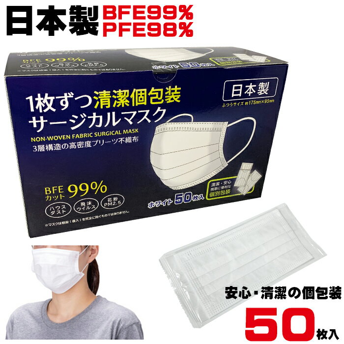 日本製 マスク 個包装 50枚入 安心 清潔の個別包装 BFE99% PFE98% サージカルマスク