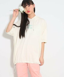 【SALE／50%OFF】PINK-latte バックエンボスロゴ5分袖チュニックパーカ ピンク ラテ トップス パーカー・フーディー ホワイト グレー ブルー