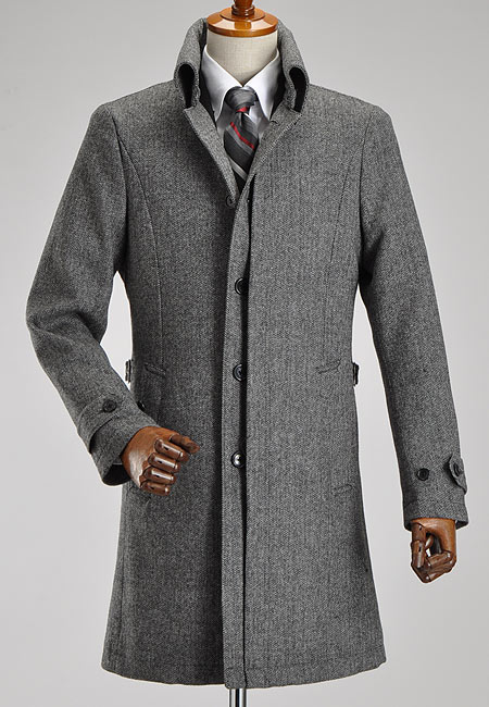 ウール・へリンボンツイード素材ダブルフロントセミフライ ステンカラーコート【Le orme】（スリムコート メンズ ビジネス）【楽ギフ_包装】【RCP】