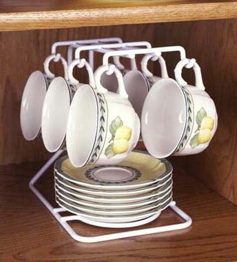えつこのニューカップラックカップ、ソーサー6客分がコンパクトに収納できます。カップをフックに掛ける（吊る）ことで、絵柄が美しく引き立ちます。食器棚収納に。白色（ホワイト）。日本製。