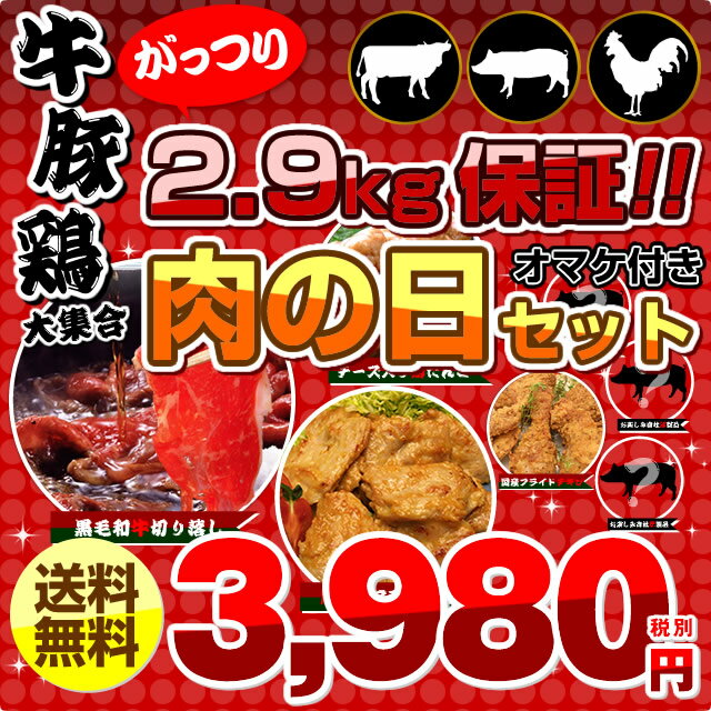 牛豚鶏大集合！【がっつり2.9kg保証】肉の日セットおまけ付き！牛・豚・鶏がたっぷり7品2.9kg入って、さらにオマケにデザートが入ってこの価格！