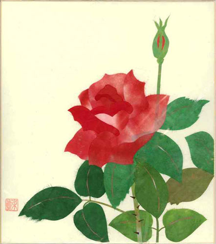 色紙　日本画　季節のちぎり絵シリーズ　夏　6月の誕生花　貼り絵ばら　ちぎり紙薔薇