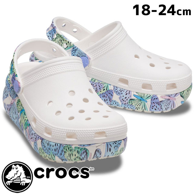 ＼最大500円OFFクーポン有／クロックス crocs 女の子 子供靴 キッズ ジュニア 厚底 クロッグサンダル キューティー クラッシュ バタフライクロッグ k サボサンダル カジュアルシューズ アクアサンダル 208298 94S ホワイト/マルチ チョウ 蝶々 送料無料 あす楽 evid