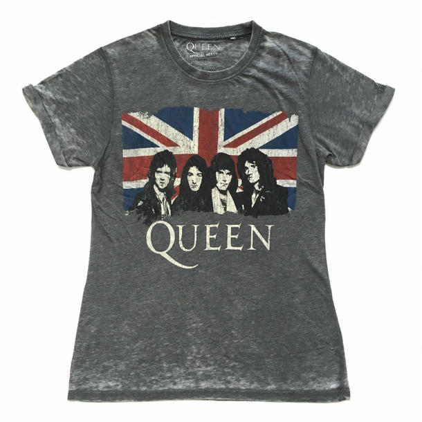 ロックTシャツ バンドTシャツ QUEEN クィーン メンバー ユニオン・ジャック フレディ・マーキュリー ボヘミアン・ラプソディ バンドT バーンアウト素材 S M