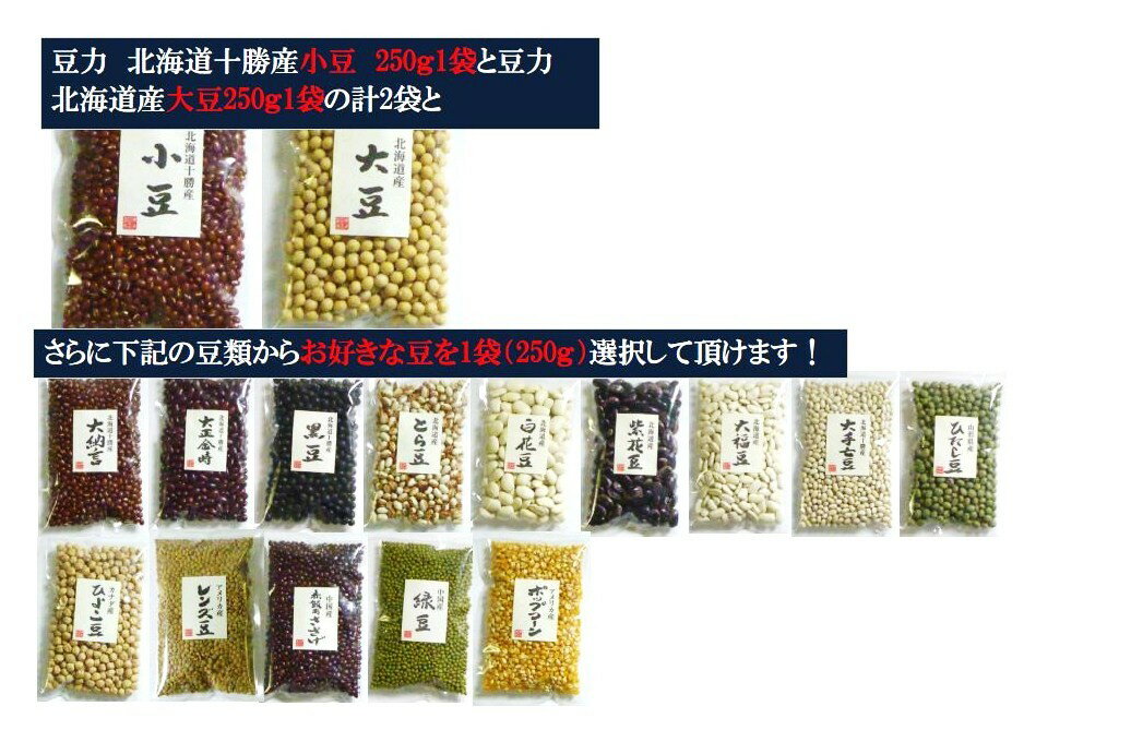 ★ご試食セット★ 豆力 こだわりの豆 小豆（250g）と大豆（250g）の計2袋+ひよこ豆や黒豆などの計14種類からお好きな豆を1袋（250g）お選び下さい。【メール便送料無料】