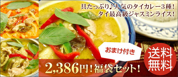 アジアン・エスニック食材部門　1位入賞リピーターの方もご注文OK！送料無料タイカレー！お得なタイ料理福袋！☆人気のタイカレーセット3袋☆具だくさんボリュームあり♪＋高級香り米ジャスミンライス3袋付き！