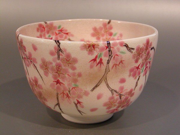 【 茶道具・抹茶茶碗 】茶碗　紅枝垂（しだれ）桜、伝統工芸士　清水　明（雅号--北斗）作