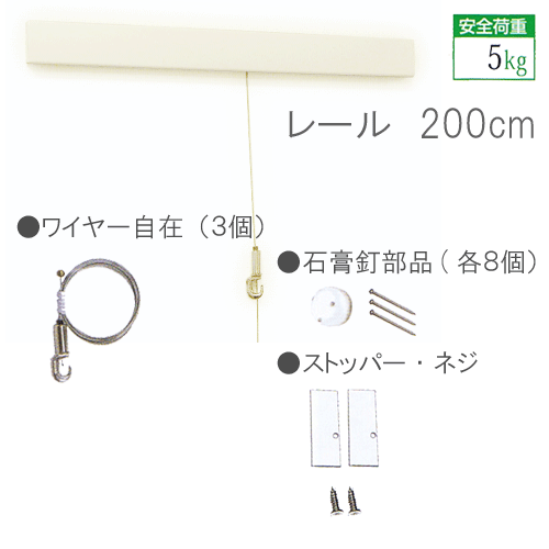 ピクチャーレール セット【石膏ボード用レールBセット】WRS-200B　200cm　ボール式ミニワイヤー自在付後付専用　壁面専用　