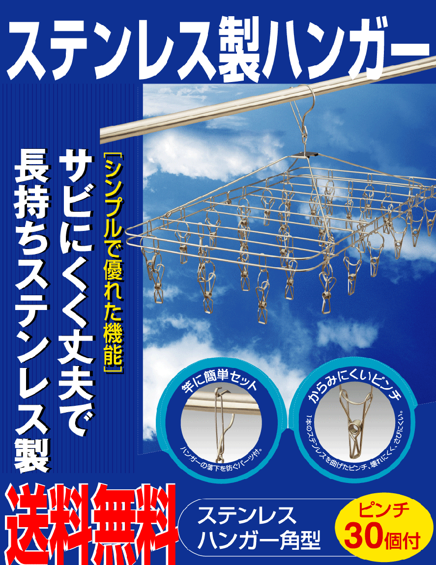 【レビューでピンチ5ケ】【送料無料】ステンレスハンガー角型ピンチ30個　室内干し【Aug08P3】