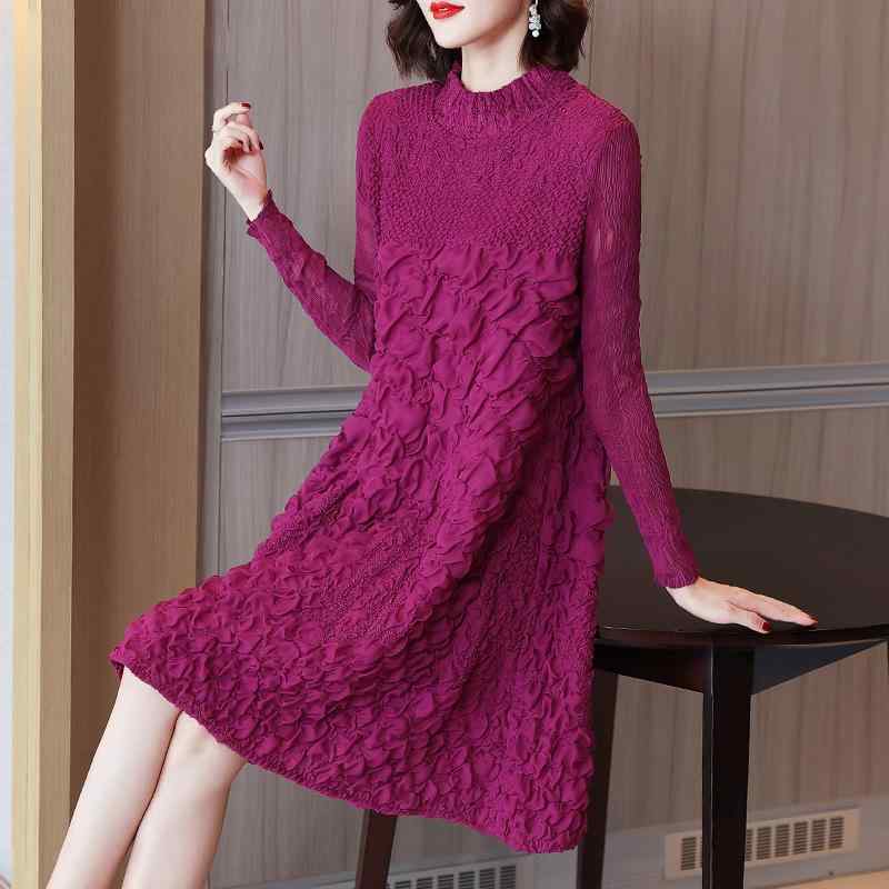 ワンピース レディース ミセス 婦人服 長袖 膝丈 Aライン ゆったりサイズ 体型カバー ラウンドネック 無地 ポリエステル グレー 灰 ม่วง 通勤 秋